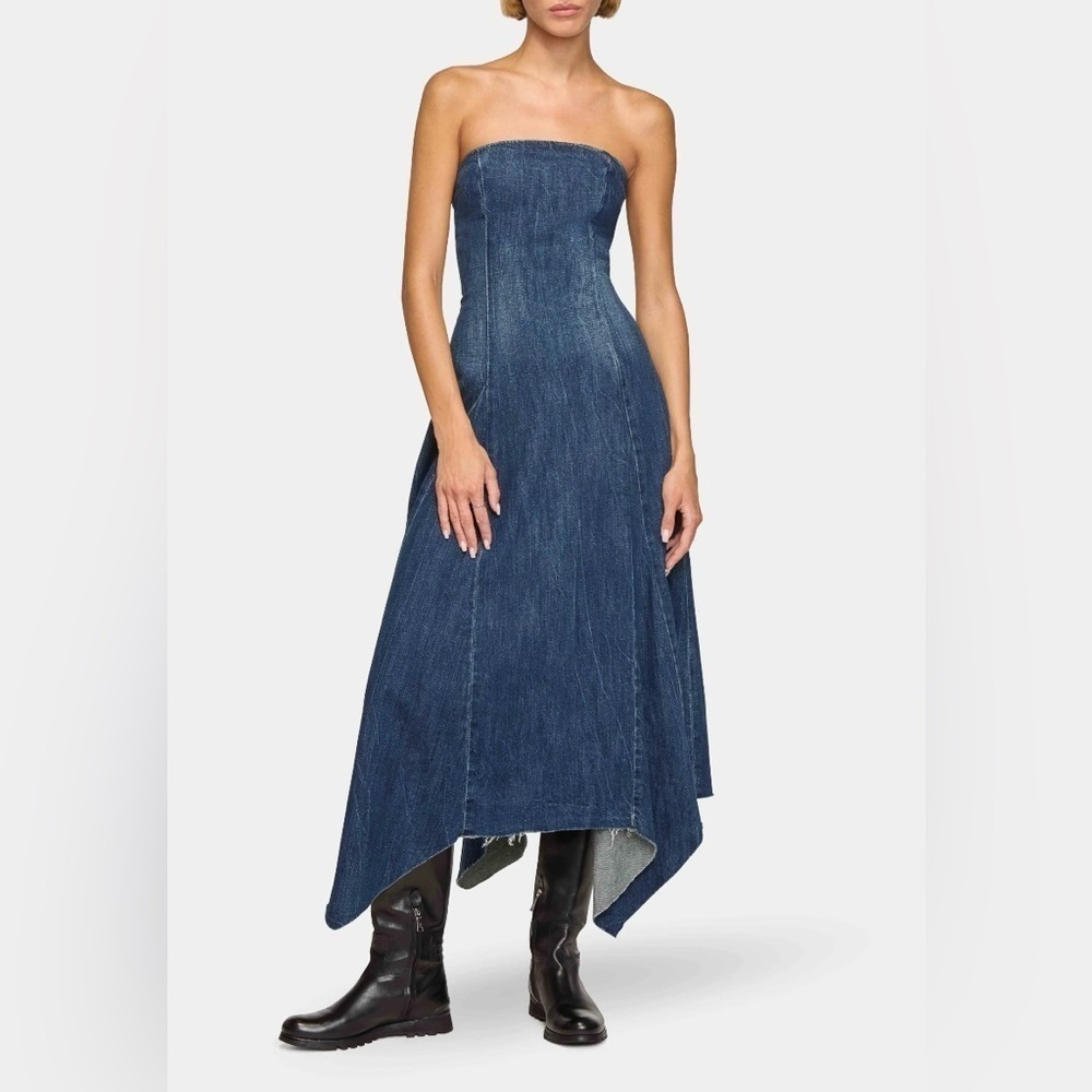 EB Denim Eliana NWT Jean Jaggered Hem Flowy Strapless Fit & Flare Dress Large - Picture 2 of 4